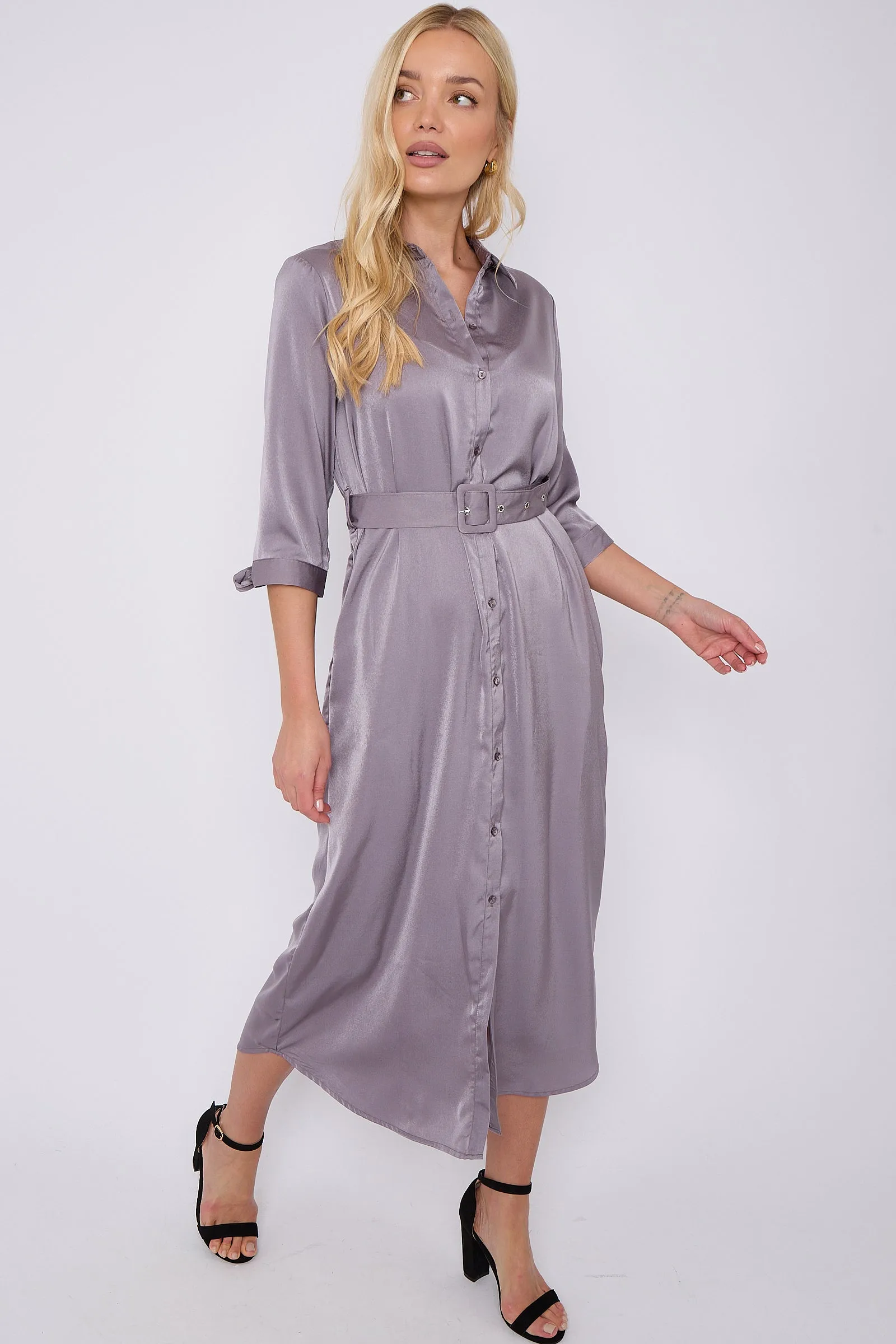LOVE SUNSHINE Grey Half Sleeve Belted Maxi Shirt Dress