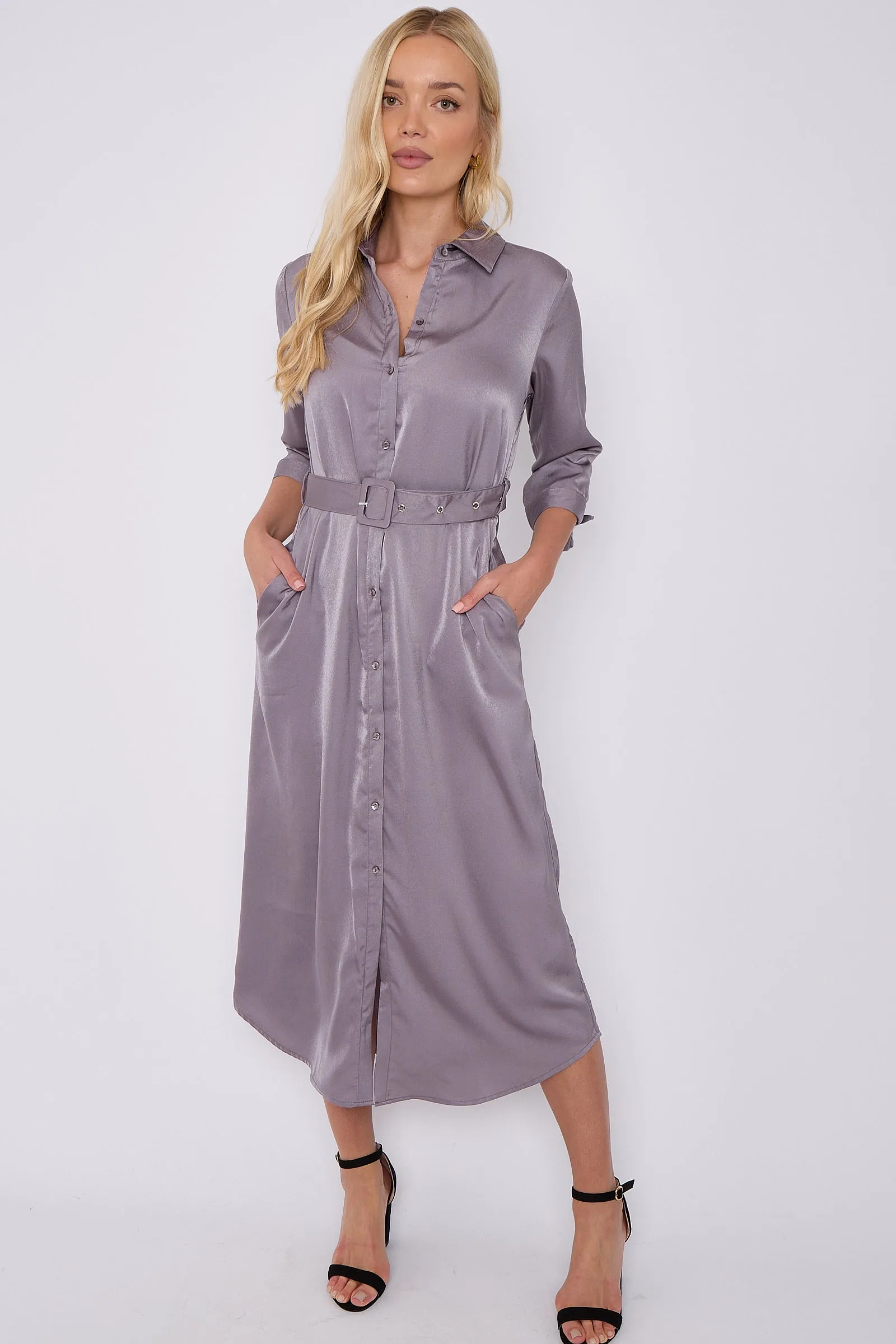 LOVE SUNSHINE Grey Half Sleeve Belted Maxi Shirt Dress