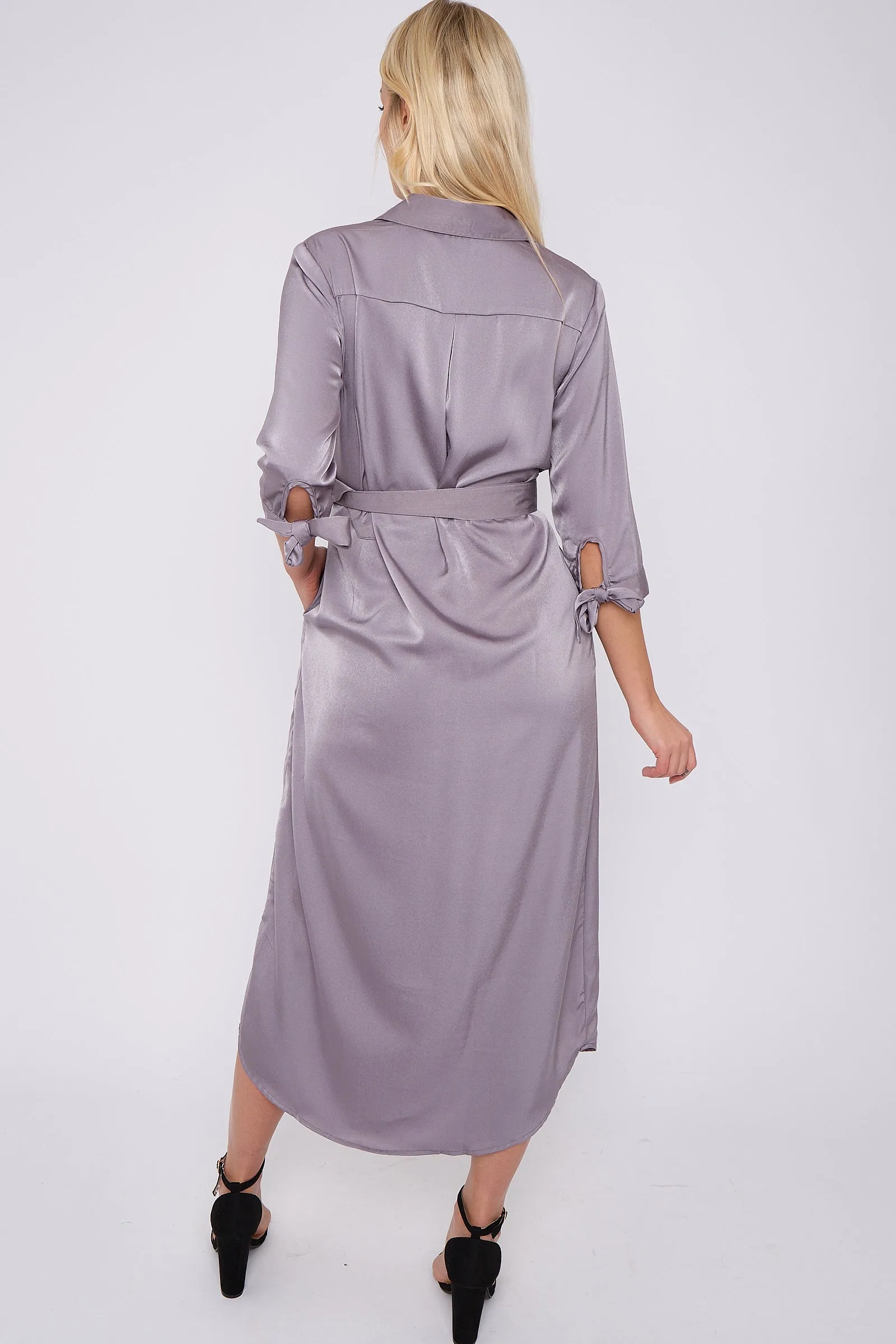 LOVE SUNSHINE Grey Half Sleeve Belted Maxi Shirt Dress