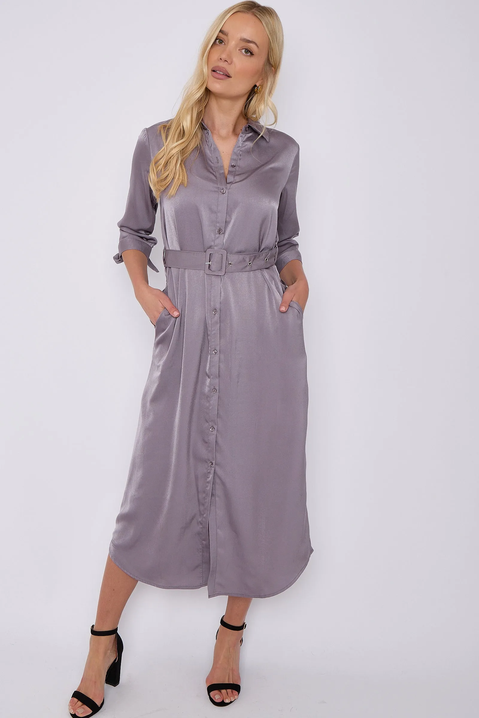 LOVE SUNSHINE Grey Half Sleeve Belted Maxi Shirt Dress