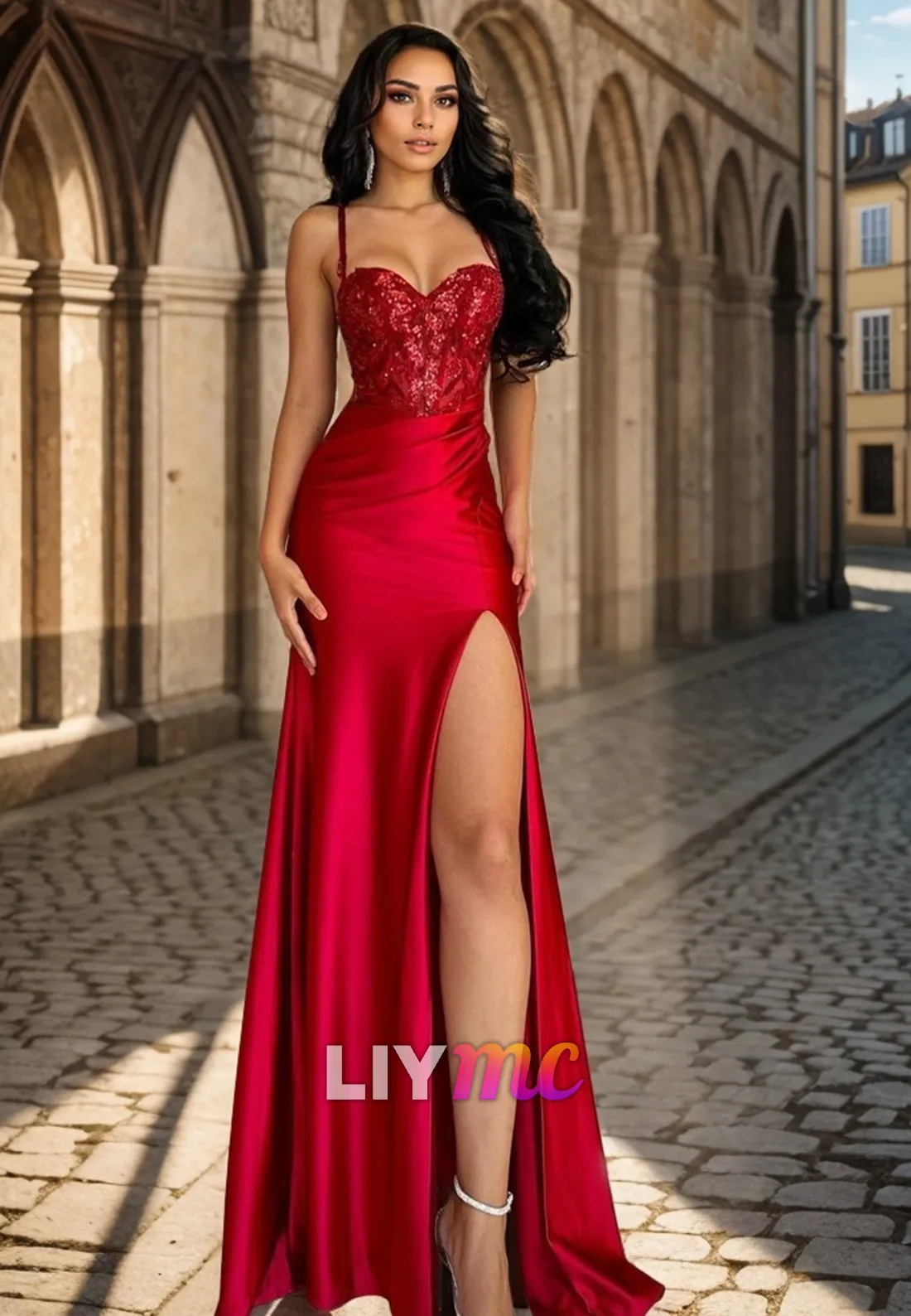 LP284 - Sheath/Column Sweetheart Sequins Ruched Satin Long Prom Evening Dress
