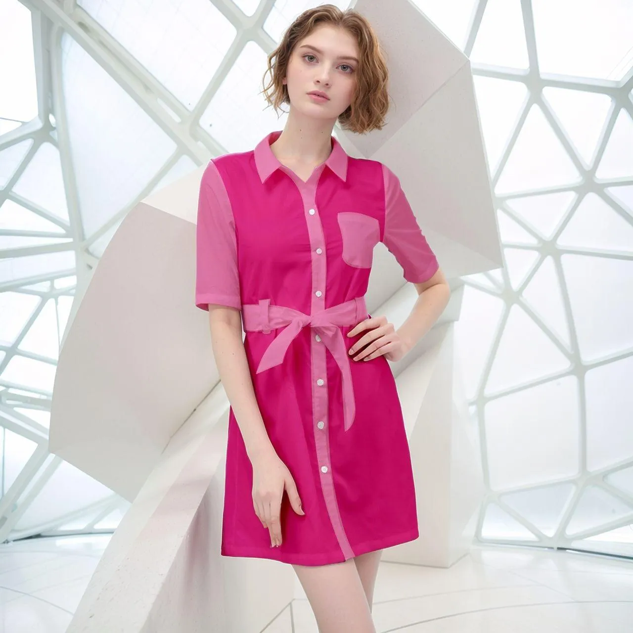 Maile Color Block Belted Shirt Dress