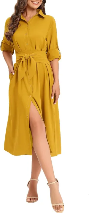 MANAIXUAN Women's Casual Flowy Tie Waist Button Down Long Sleeve Midi Shirt Dress