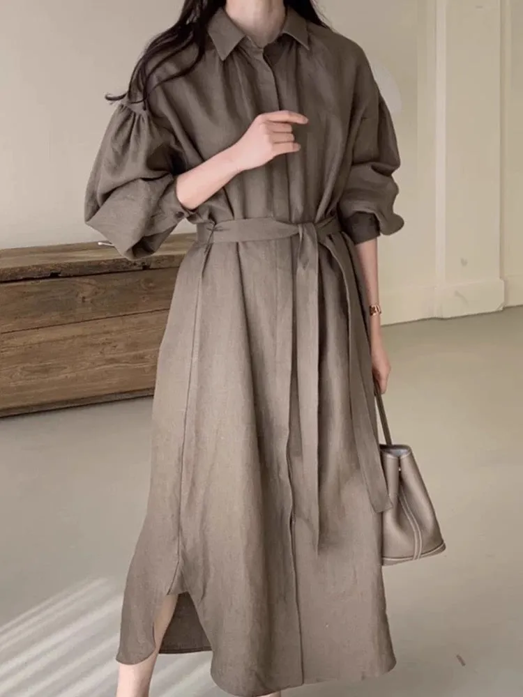 Minimalist Belted Linen Shirt Dress