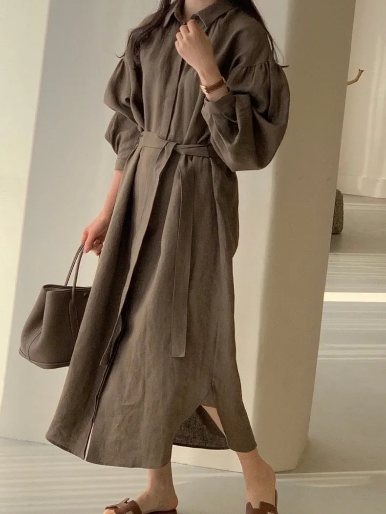 Minimalist Belted Linen Shirt Dress