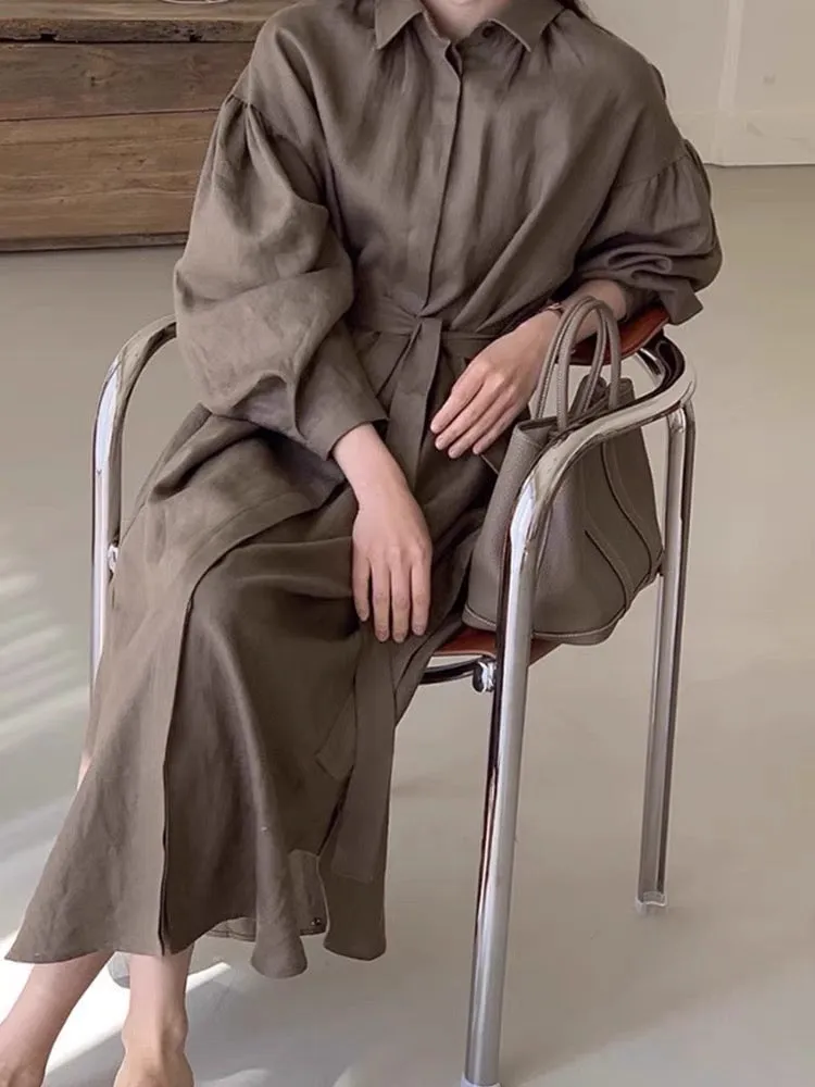 Minimalist Belted Linen Shirt Dress