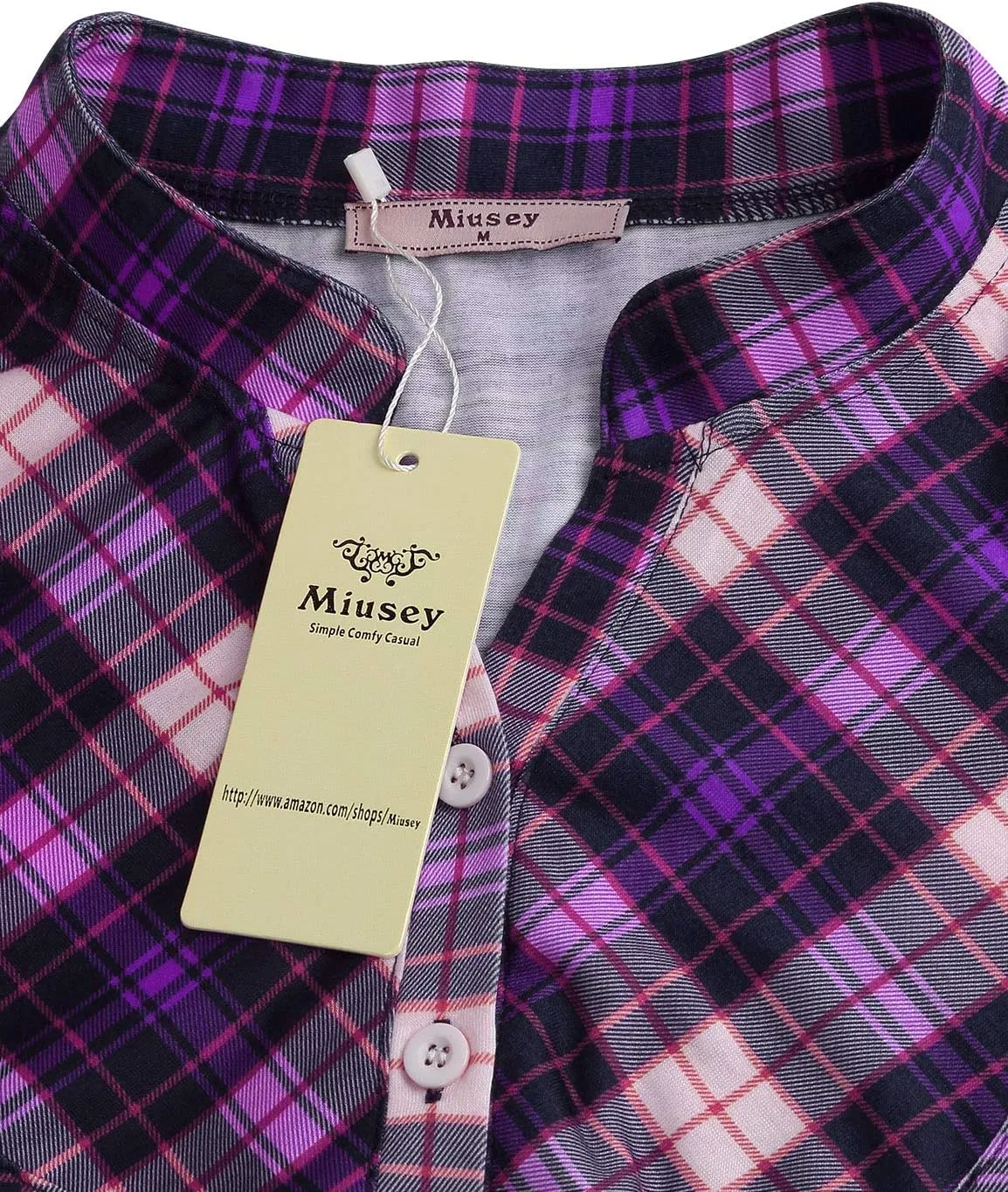 Miusey Womens Buffalo Plaid Roll Sleeve V Neck Flowy Loose Tunic Blouse