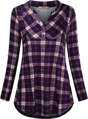 Miusey Womens Buffalo Plaid Roll Sleeve V Neck Flowy Loose Tunic Blouse