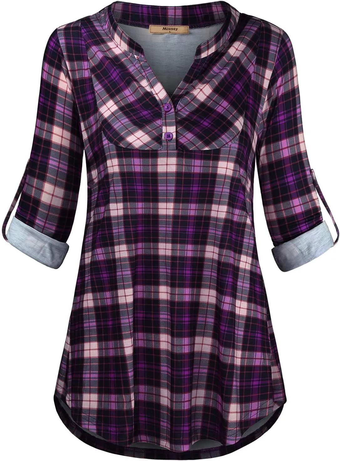 Miusey Womens Buffalo Plaid Roll Sleeve V Neck Flowy Loose Tunic Blouse