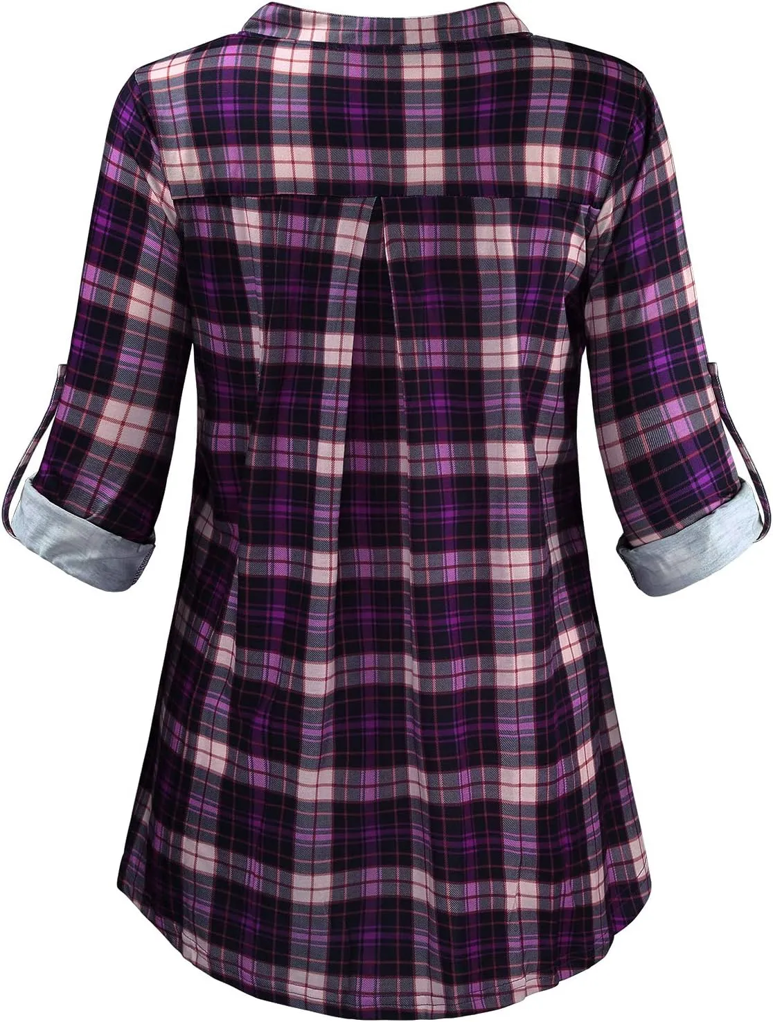 Miusey Womens Buffalo Plaid Roll Sleeve V Neck Flowy Loose Tunic Blouse