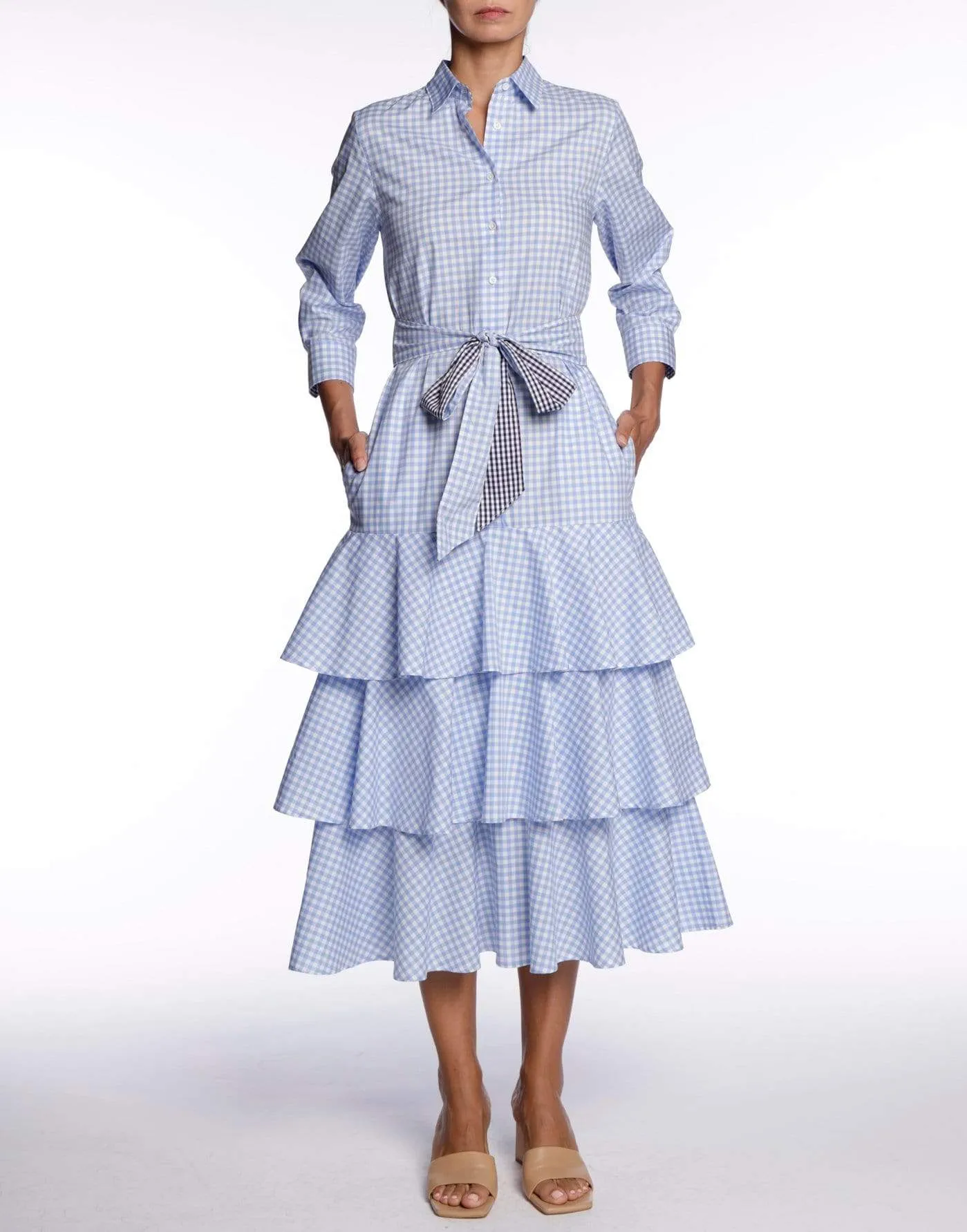 Mynaxa Blue Checkered Belted Dress