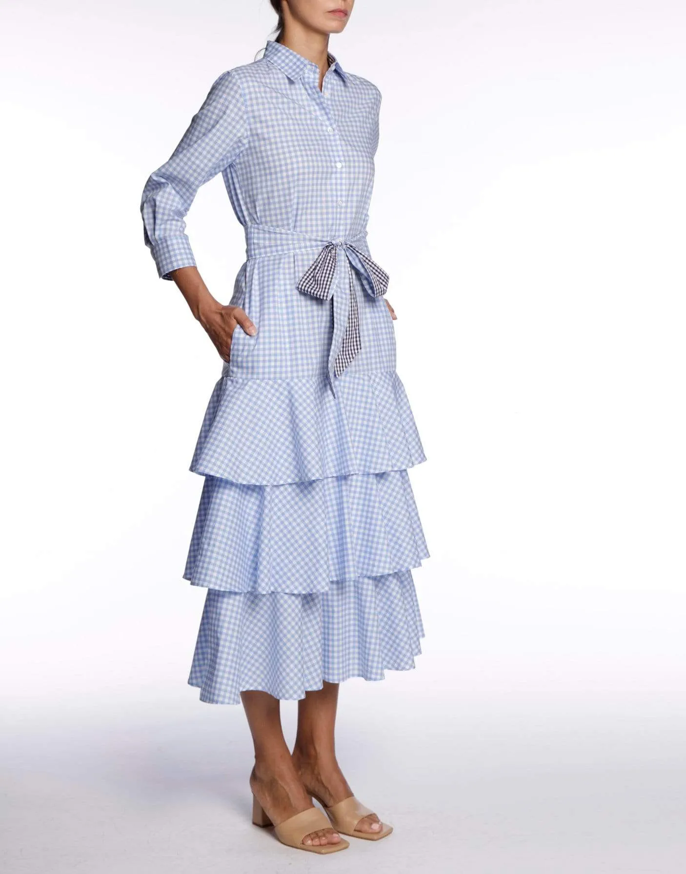 Mynaxa Blue Checkered Belted Dress