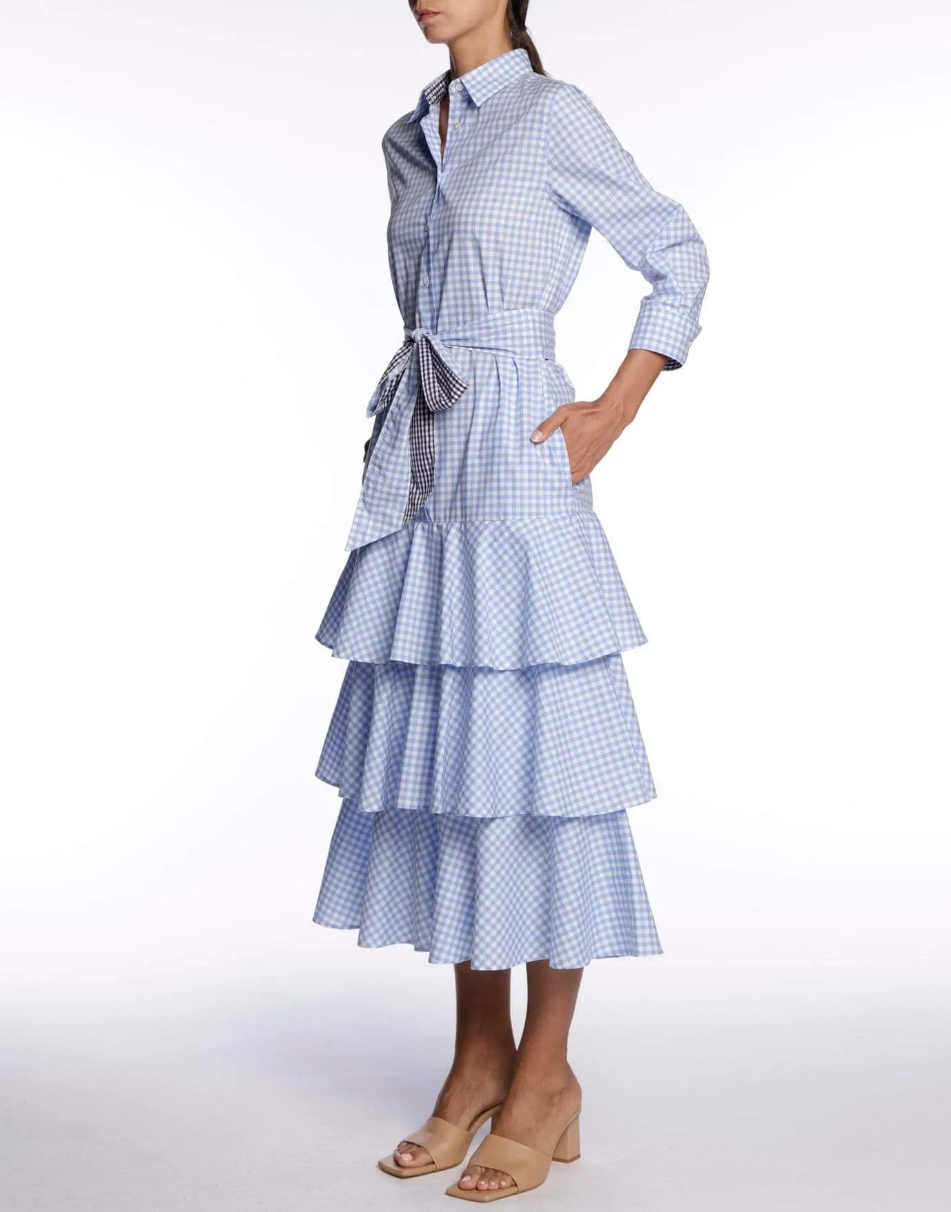Mynaxa Blue Checkered Belted Dress