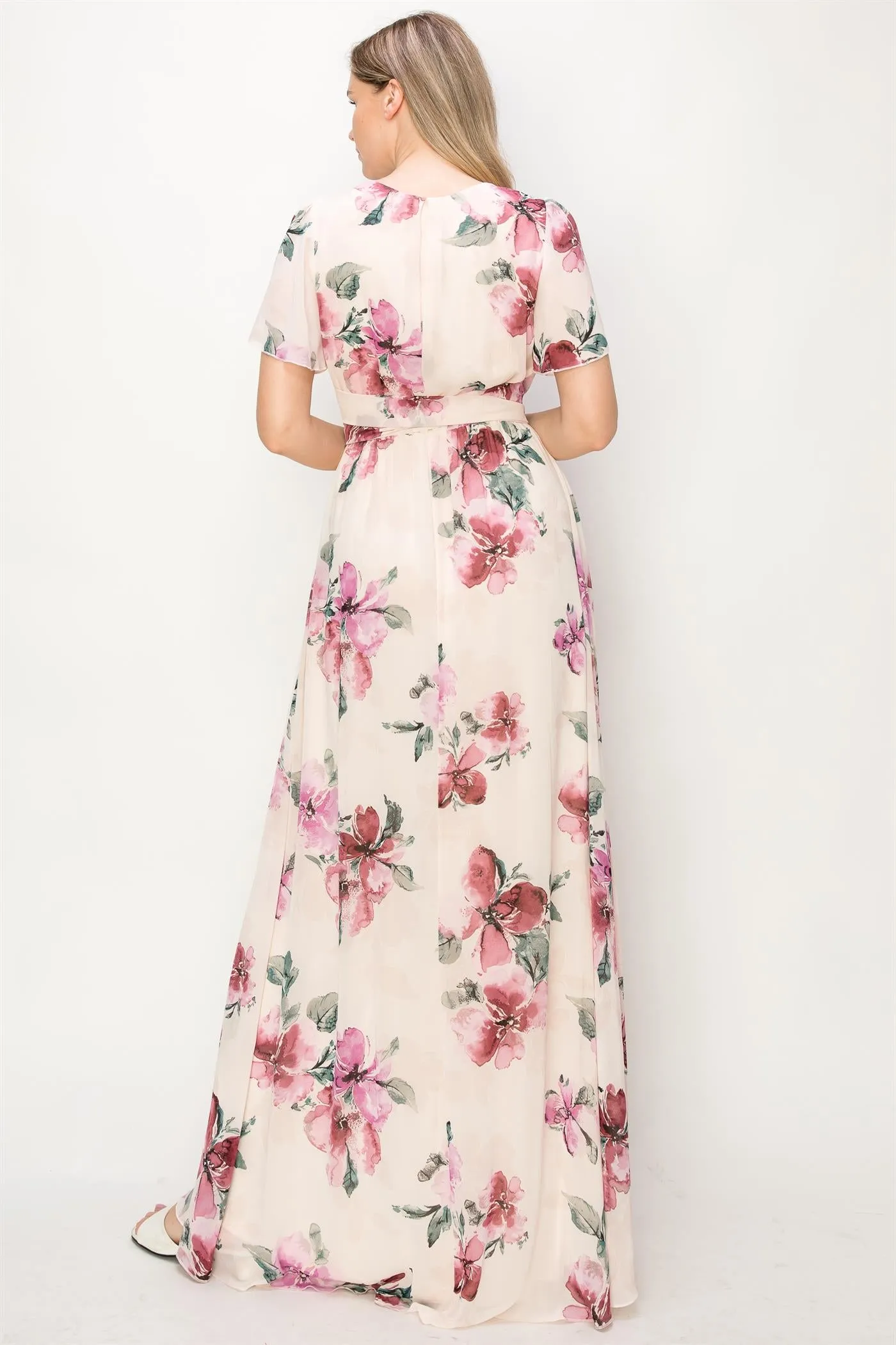 OL24A038-CHIFFON FLORAL V-NECK MAXI DRESS