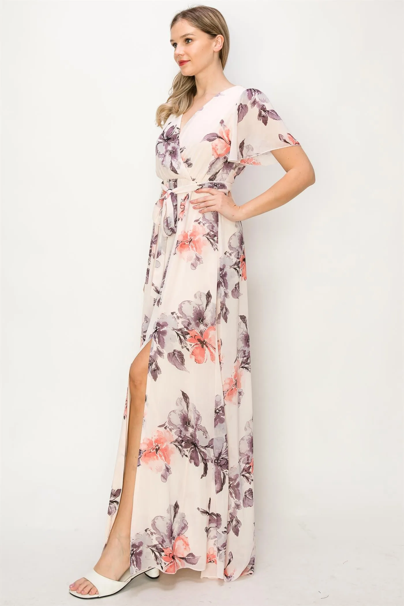 OL24A038-CHIFFON FLORAL V-NECK MAXI DRESS