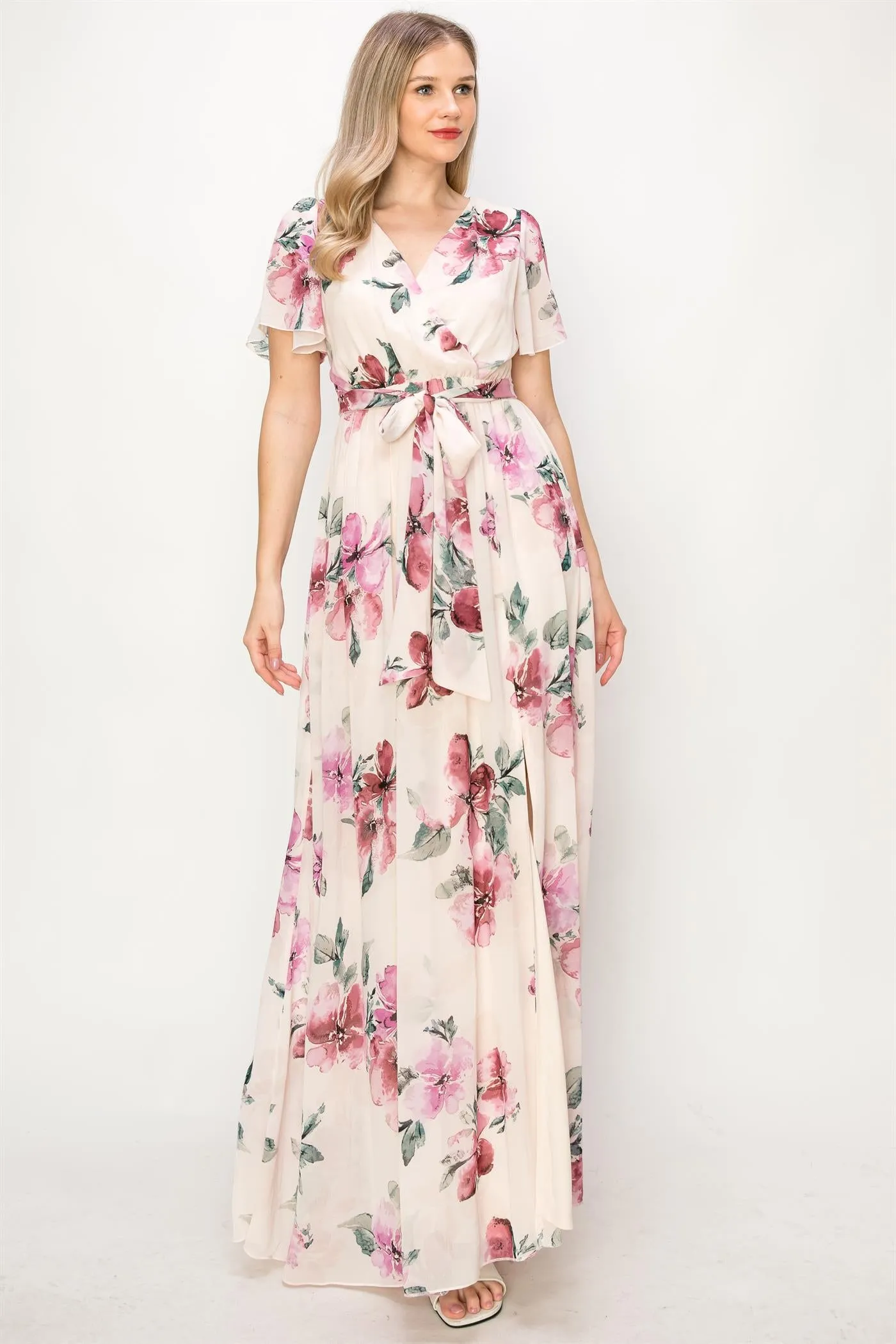 OL24A038-CHIFFON FLORAL V-NECK MAXI DRESS