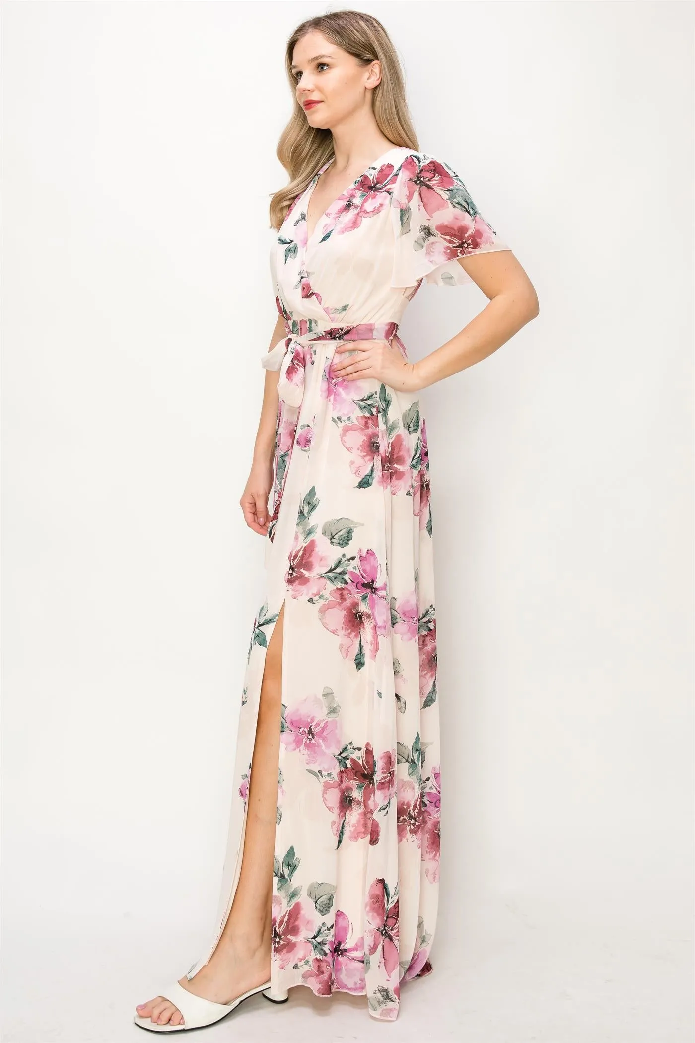 OL24A038-CHIFFON FLORAL V-NECK MAXI DRESS