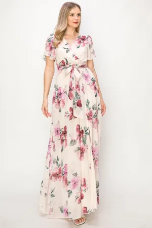 OL24A038-CHIFFON FLORAL V-NECK MAXI DRESS