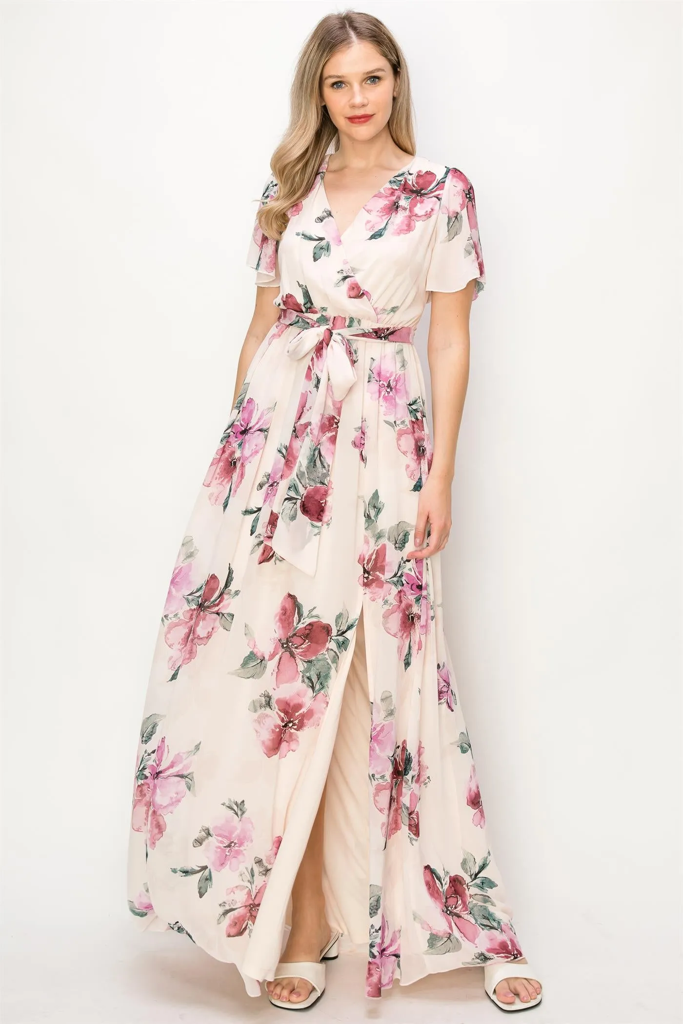 OL24A038-CHIFFON FLORAL V-NECK MAXI DRESS