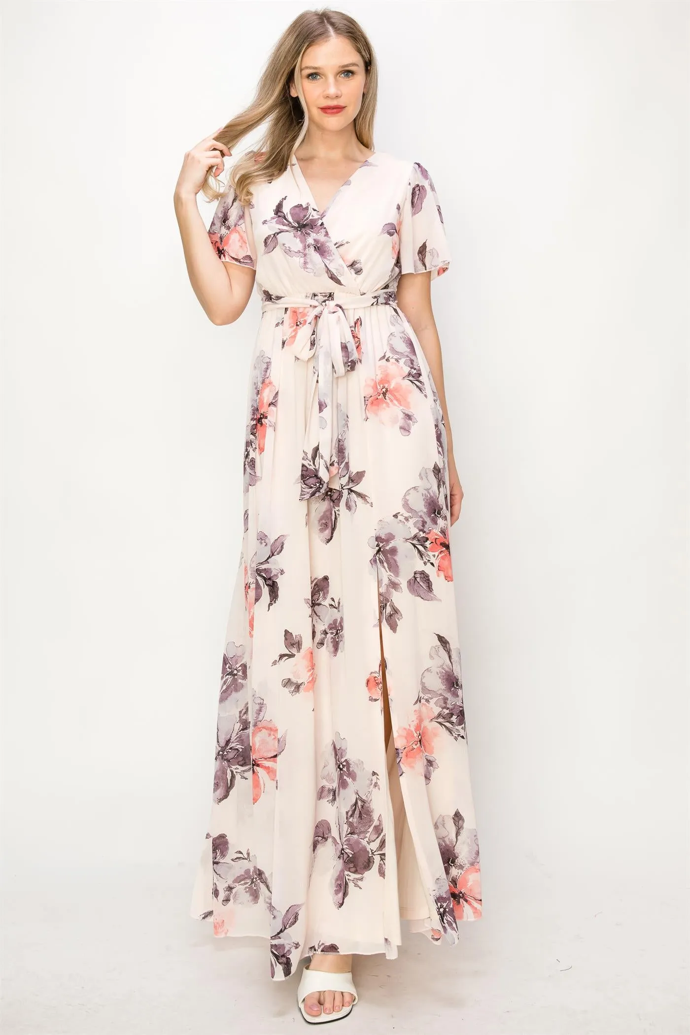 OL24A038-CHIFFON FLORAL V-NECK MAXI DRESS
