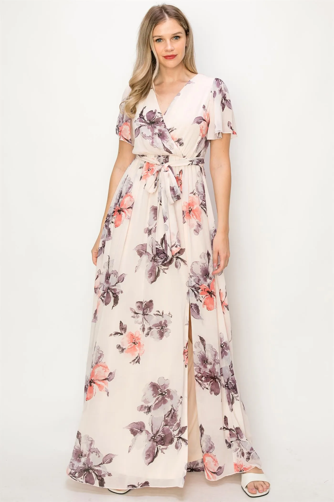 OL24A038-CHIFFON FLORAL V-NECK MAXI DRESS