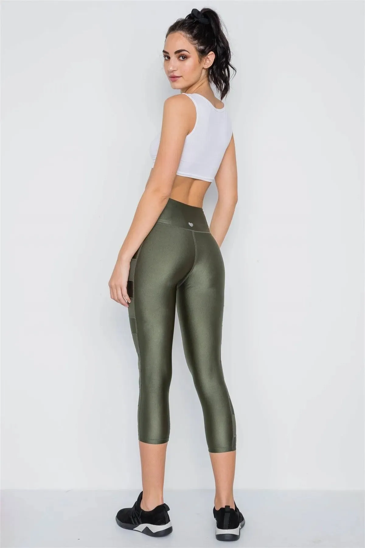 Olive Phone Pocket Capri Mash Detail Active Leggings /2-1-1
