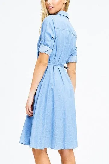 Patricia-Z Light Blue Chambray Belted ¾ Sleeve Midi Swing Shirt Dress