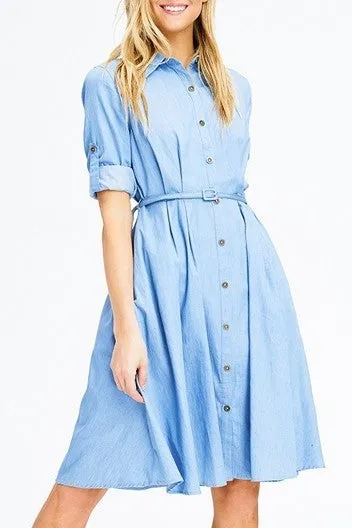 Patricia-Z Light Blue Chambray Belted ¾ Sleeve Midi Swing Shirt Dress