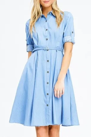 Patricia-Z Light Blue Chambray Belted ¾ Sleeve Midi Swing Shirt Dress
