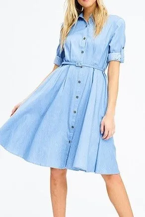 Patricia-Z Light Blue Chambray Belted ¾ Sleeve Midi Swing Shirt Dress