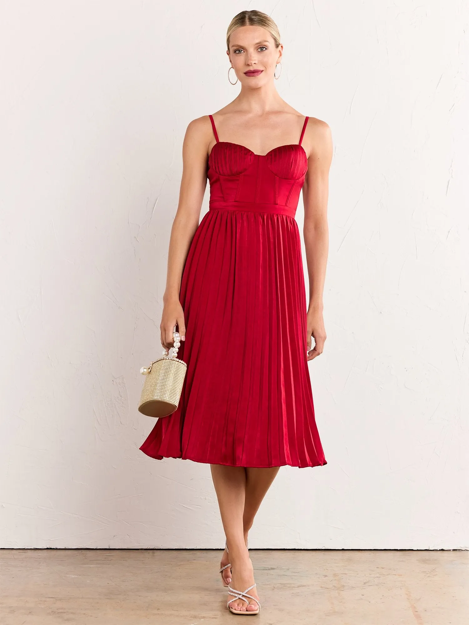 Pleated Corset Satin Midi Dress - Lena