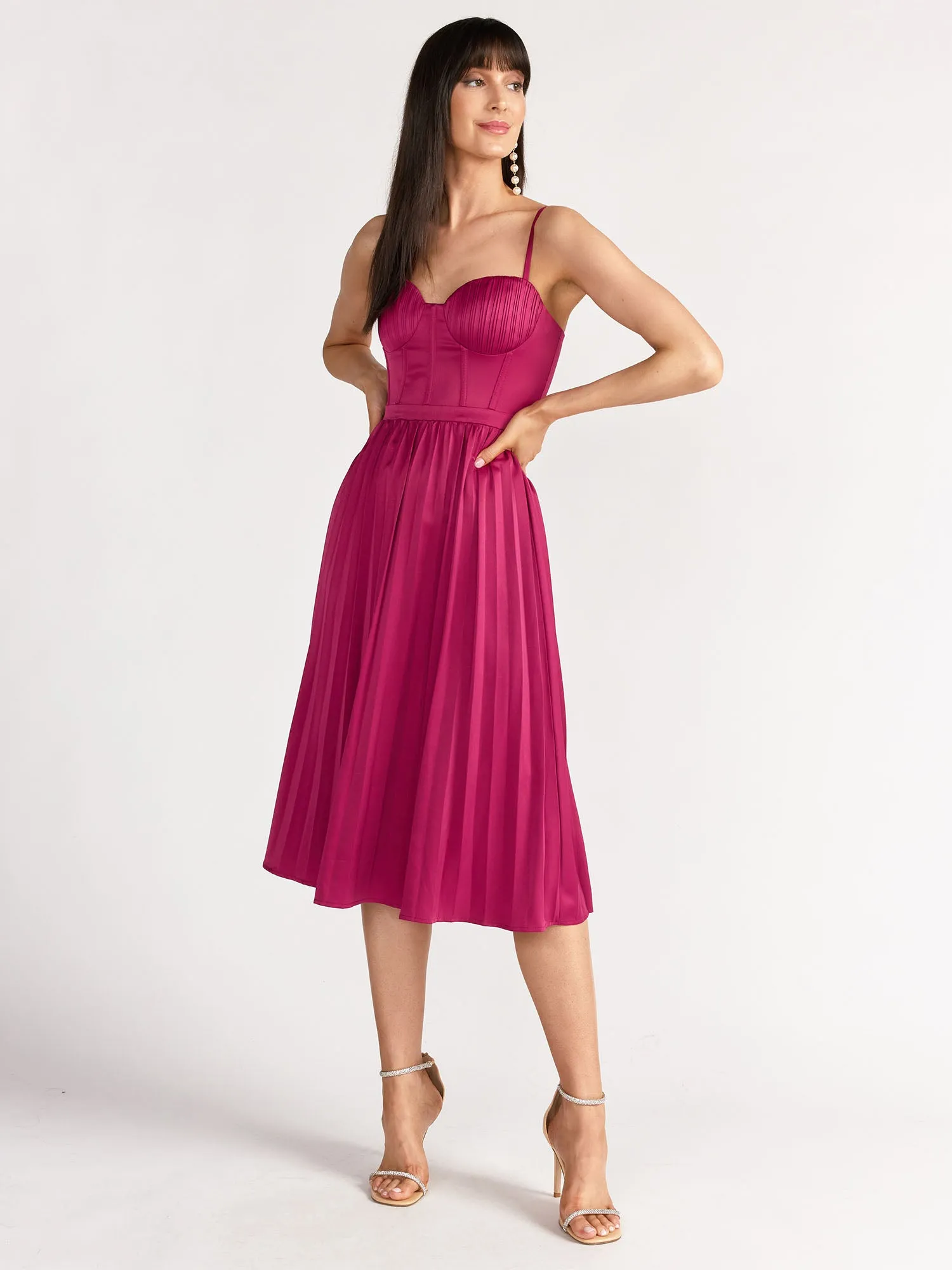 Pleated Corset Satin Midi Dress - Lena