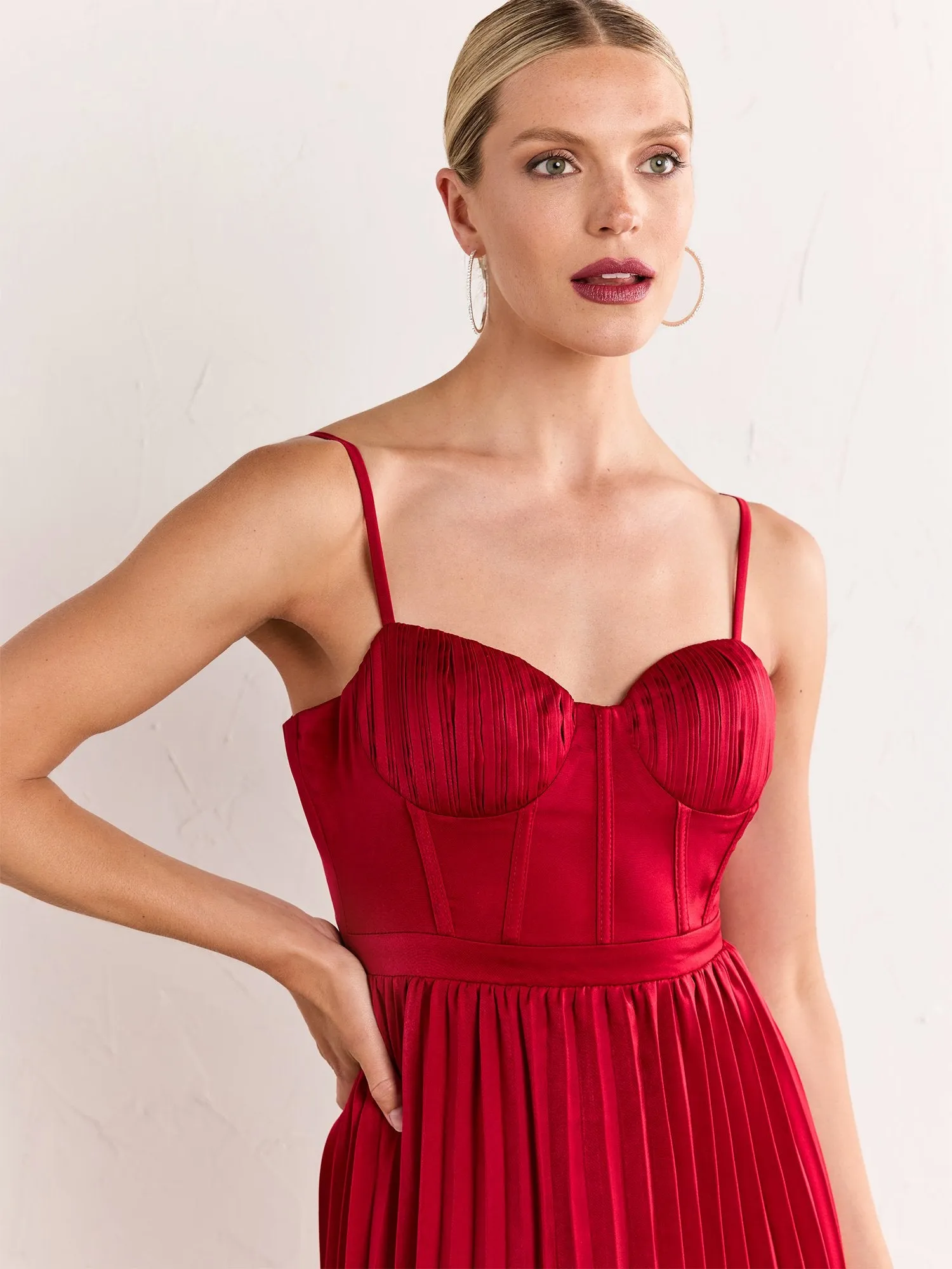 Pleated Corset Satin Midi Dress - Lena