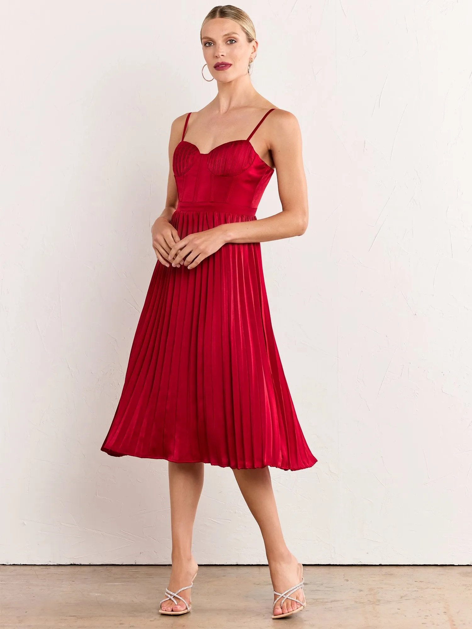 Pleated Corset Satin Midi Dress - Lena