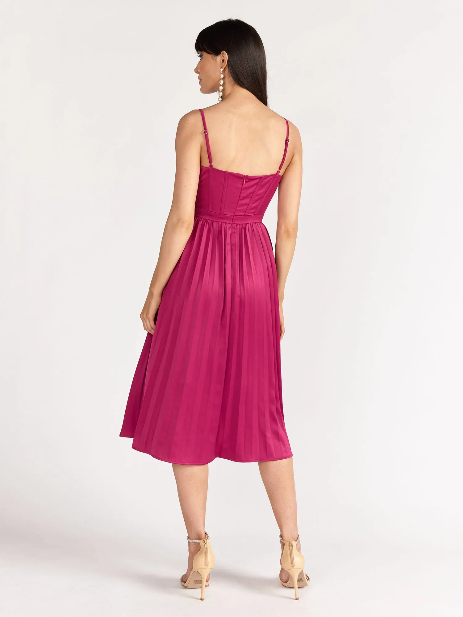 Pleated Corset Satin Midi Dress - Lena