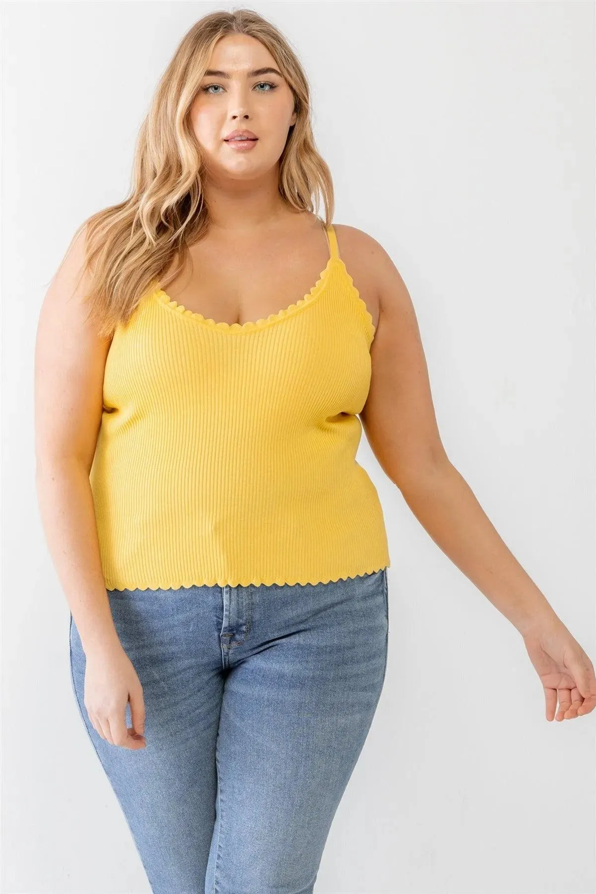 Plus Size Yellow Striped Ribbed Ruffle Tank Top