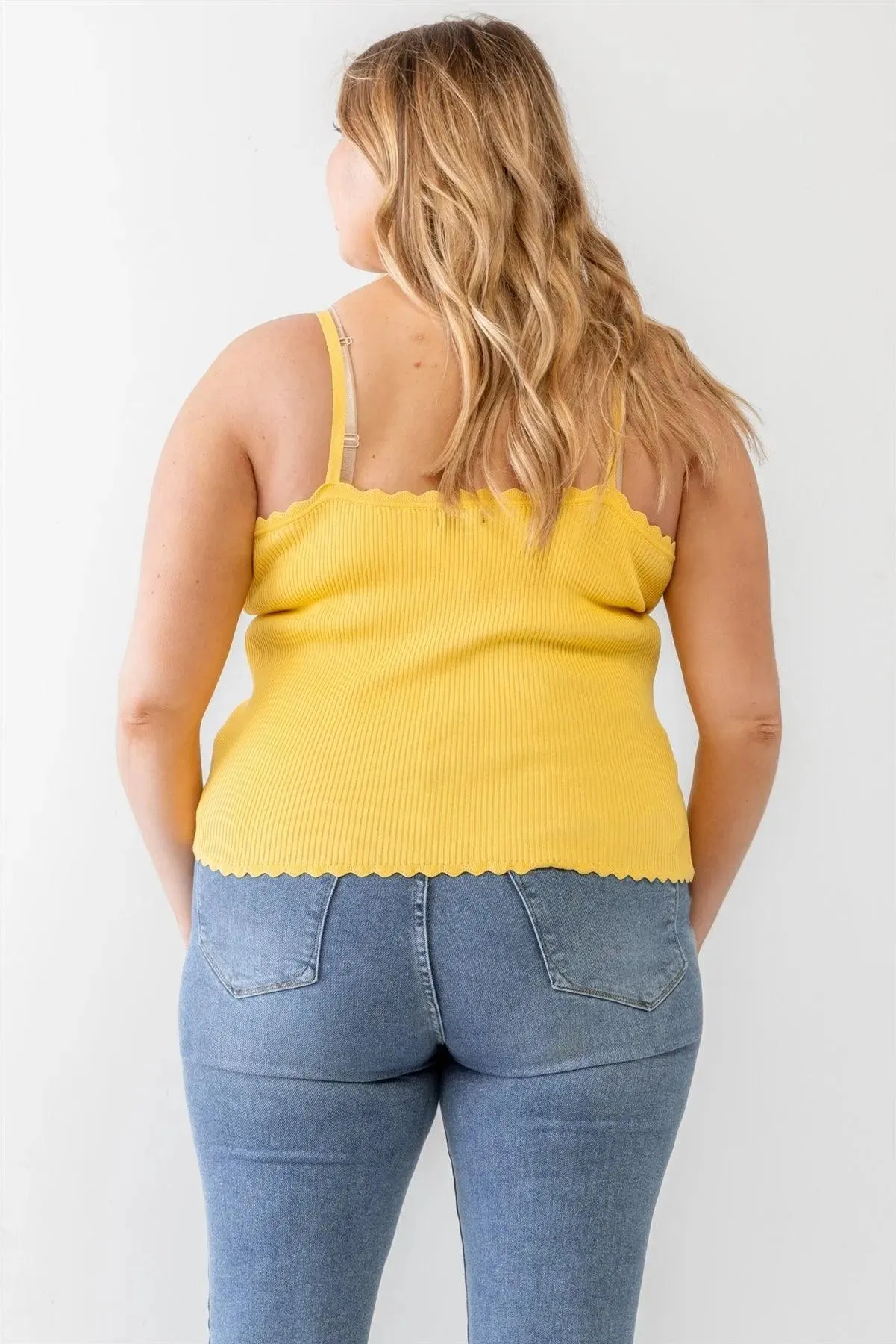 Plus Size Yellow Striped Ribbed Ruffle Tank Top