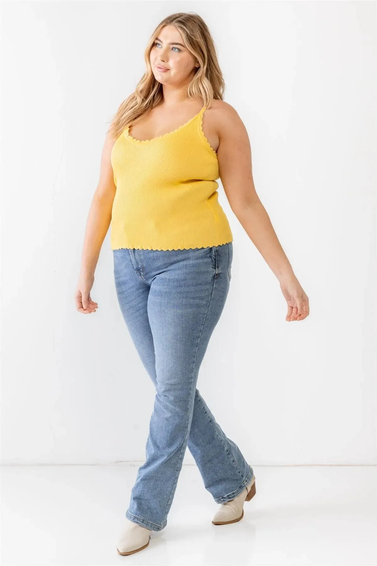 Plus Size Yellow Striped Ribbed Ruffle Tank Top