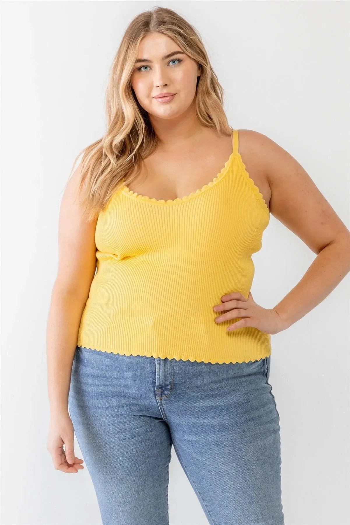 Plus Size Yellow Striped Ribbed Ruffle Tank Top