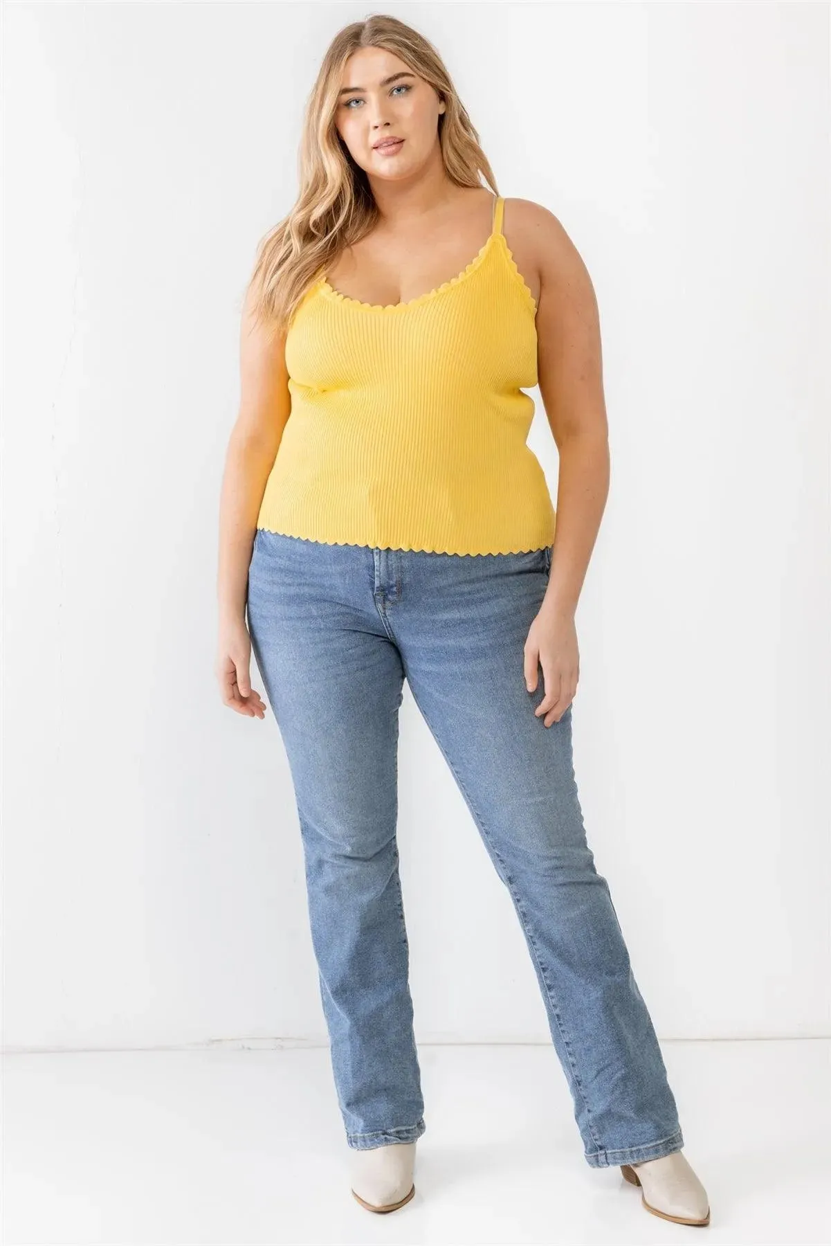 Plus Size Yellow Striped Ribbed Ruffle Tank Top