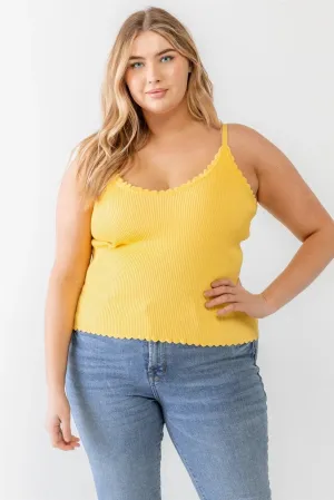 Plus Size Yellow Striped Ribbed Ruffle Tank Top