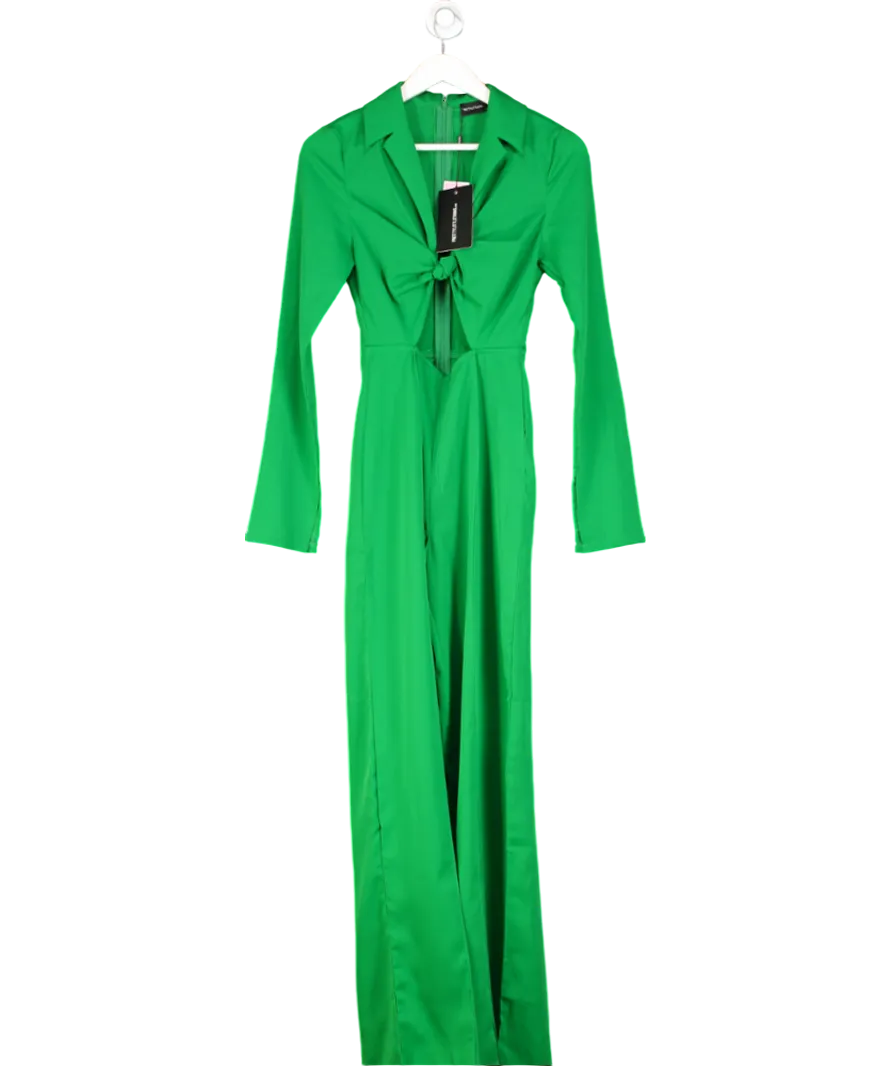 PrettyLittleThing Bright Green Collar Detail Knotted Wide Leg Jumpsuit UK 6