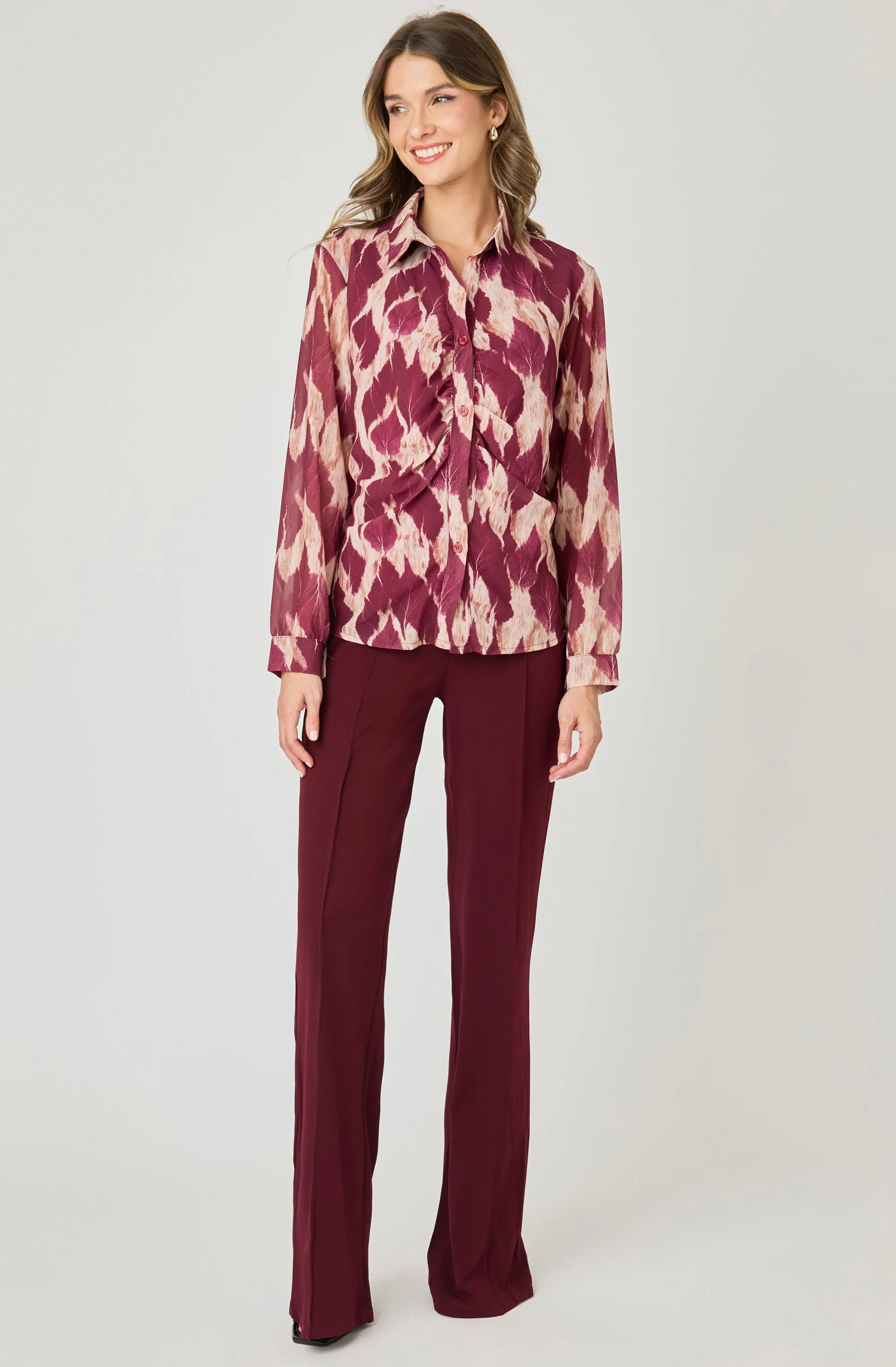 Printed V-Neck Chiffon Button-Up Blouse
