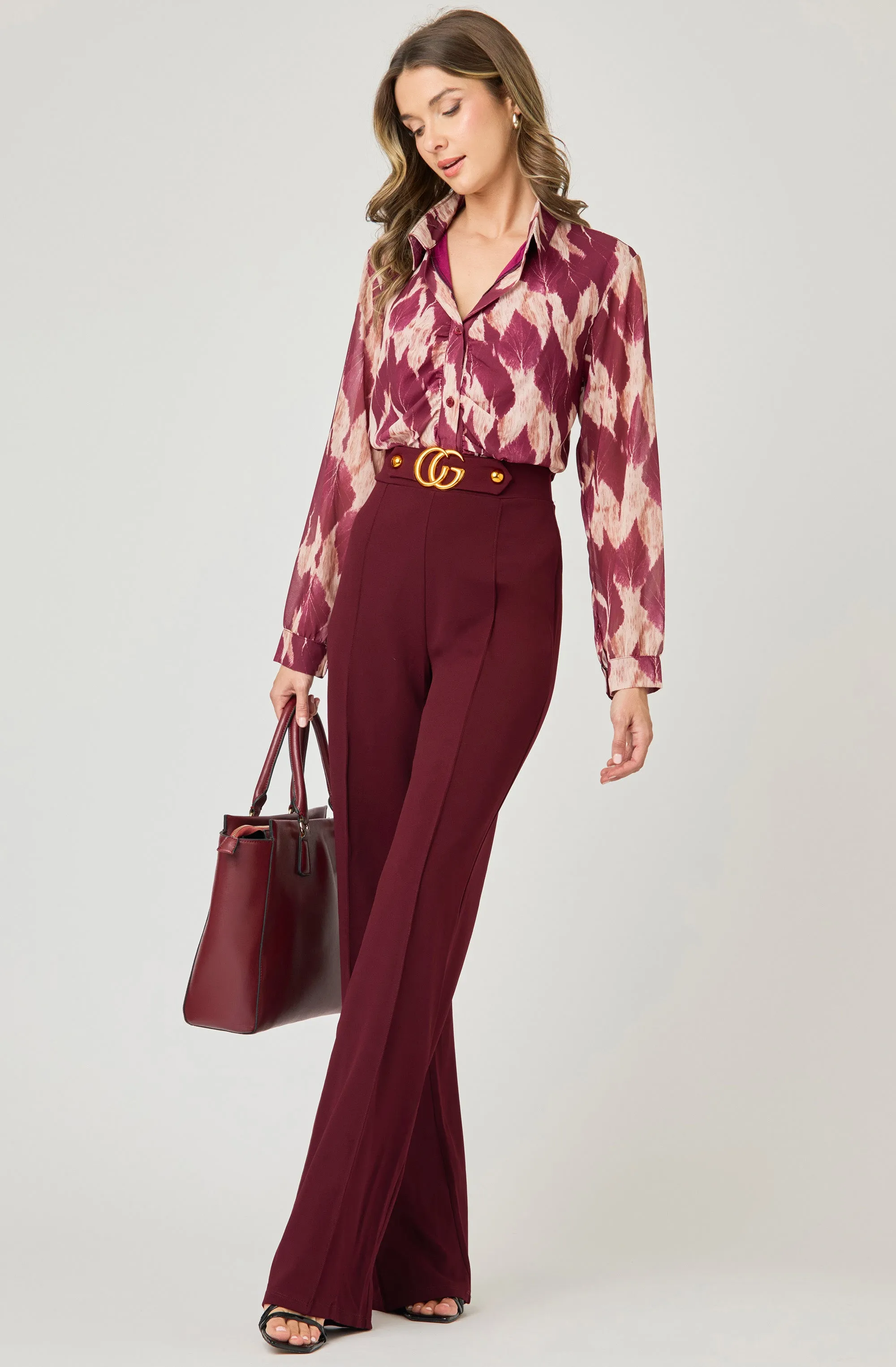 Printed V-Neck Chiffon Button-Up Blouse