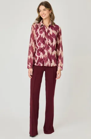 Printed V-Neck Chiffon Button-Up Blouse