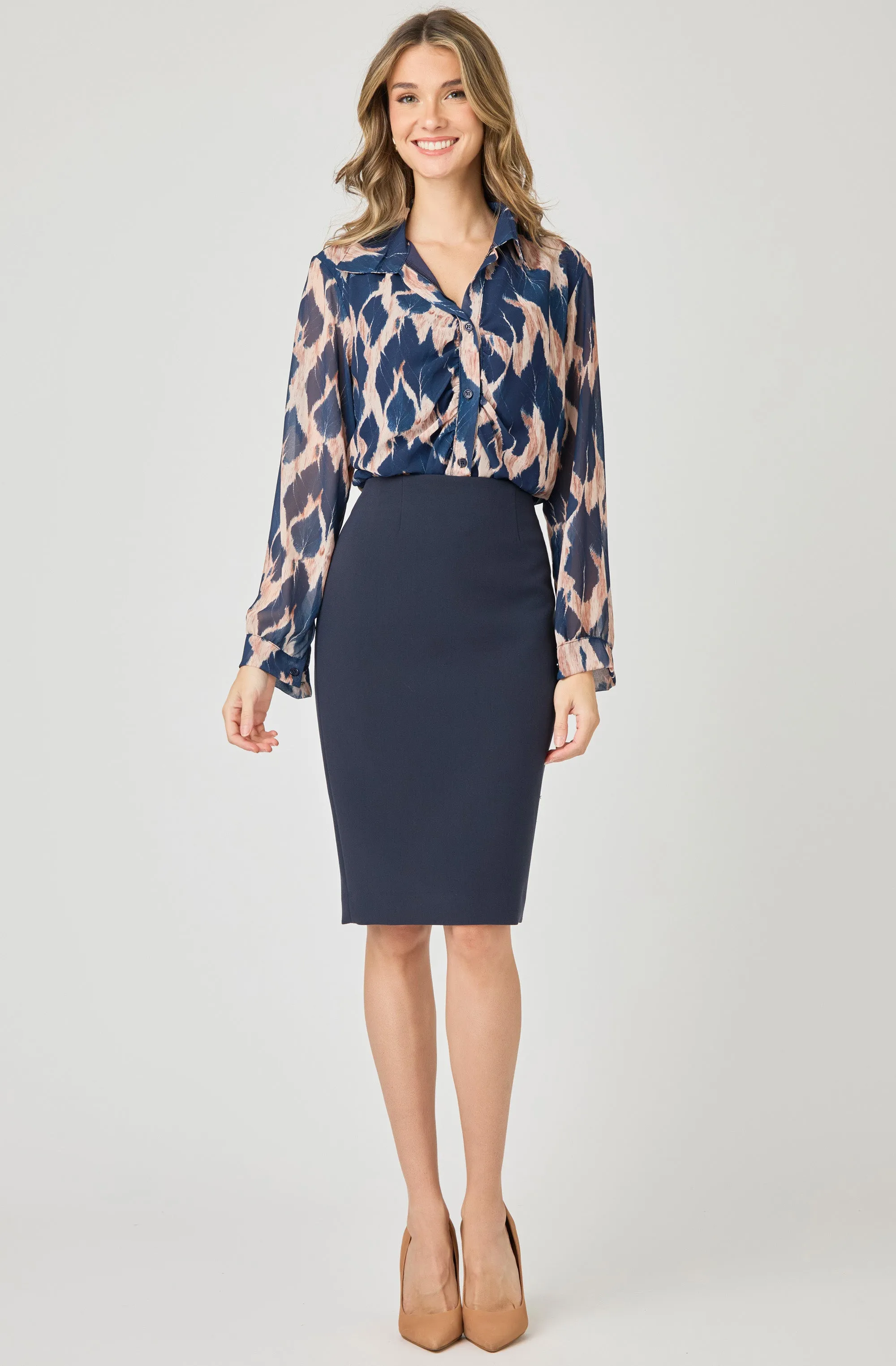 Printed V-Neck Chiffon Button-Up Blouse