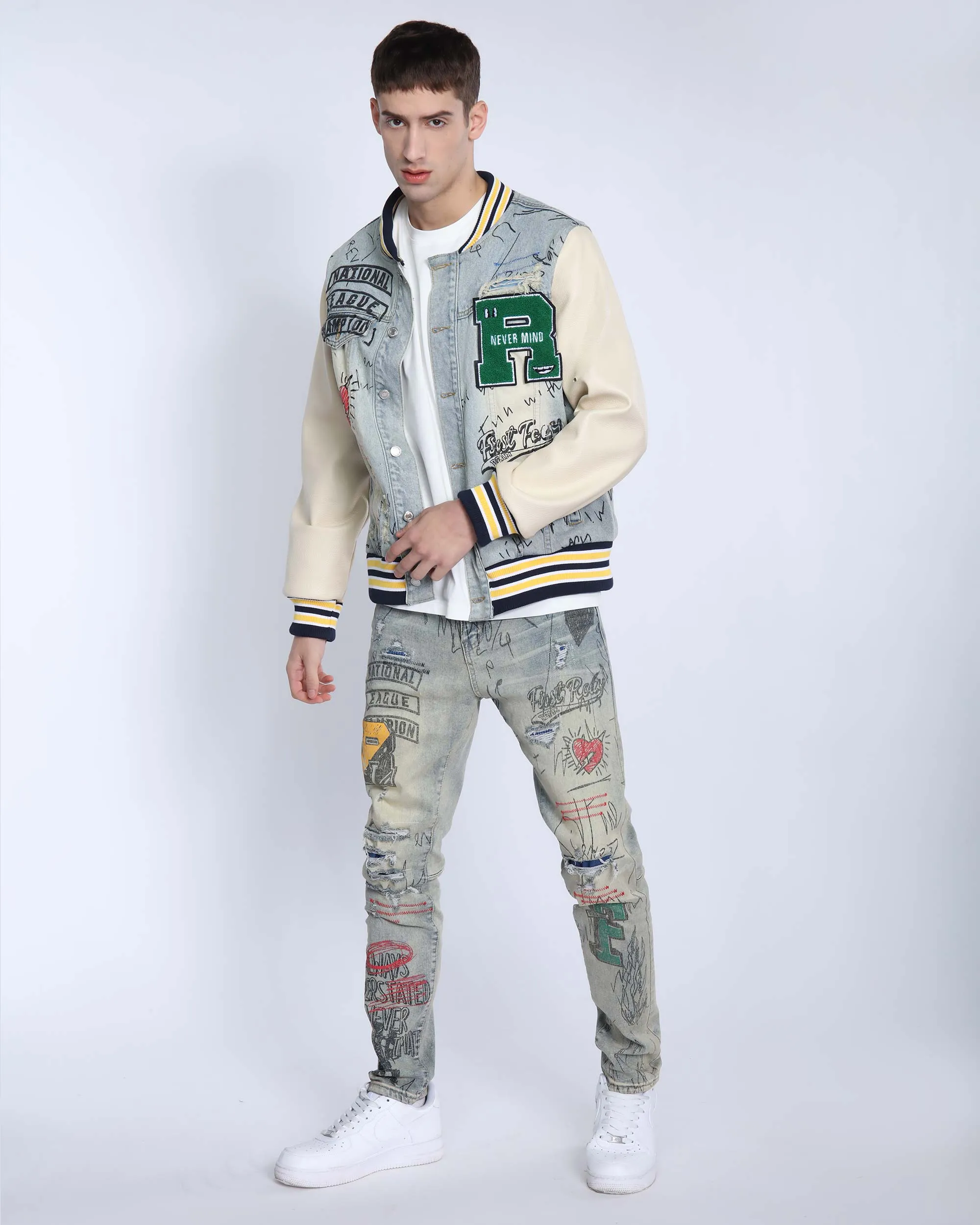 Retro Baseball Denim Jacket with Distressed Details-Mexico Local Delivery