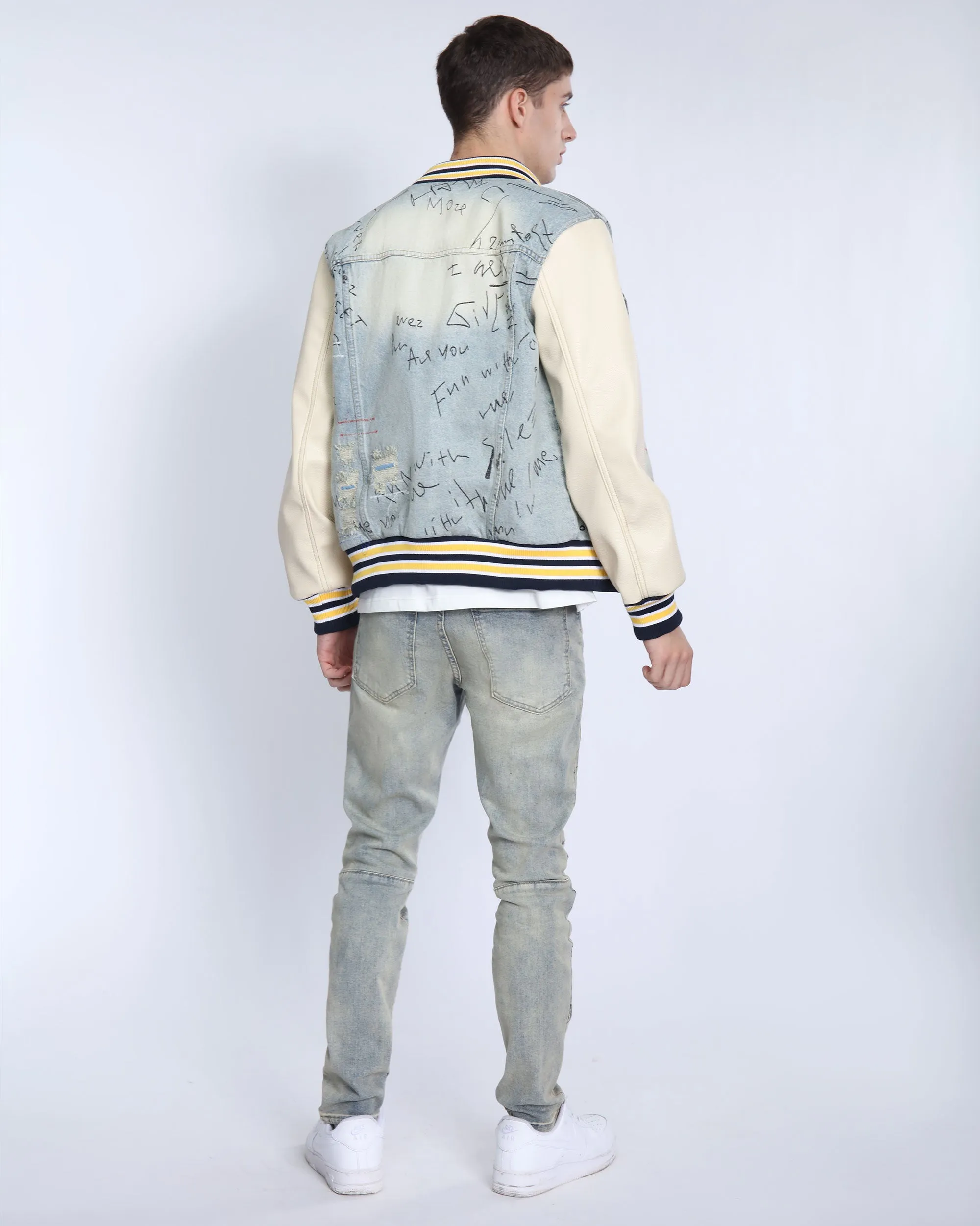 Retro Baseball Denim Jacket with Distressed Details-Mexico Local Delivery