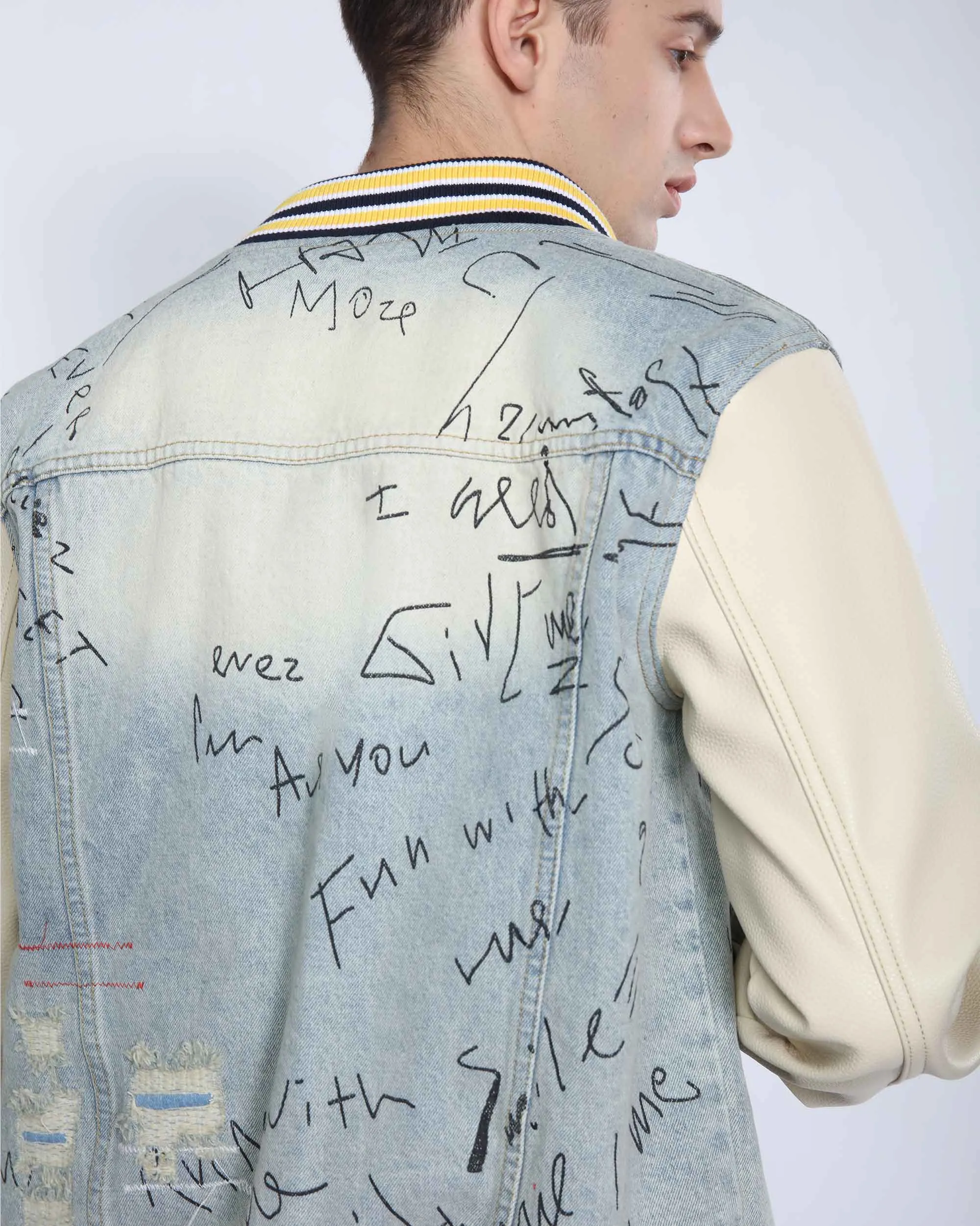 Retro Baseball Denim Jacket with Distressed Details-Mexico Local Delivery