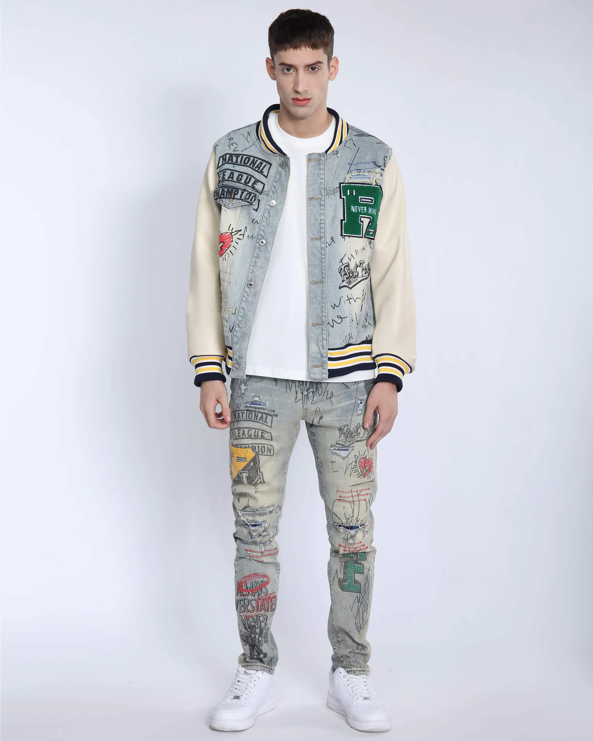 Retro Baseball Denim Jacket with Distressed Details-Mexico Local Delivery